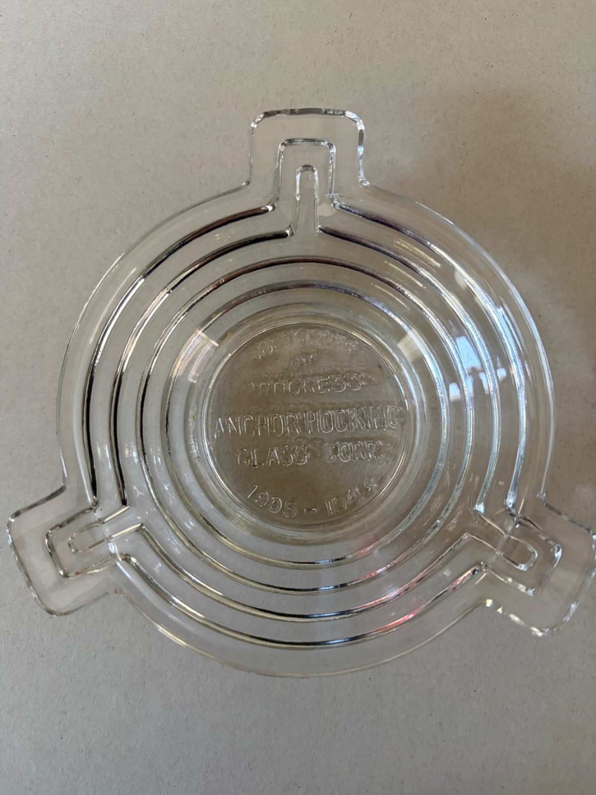 Vintage 1905-1943 Anchor Hocking Glass Advertising Ashtray 38 Years of Progress