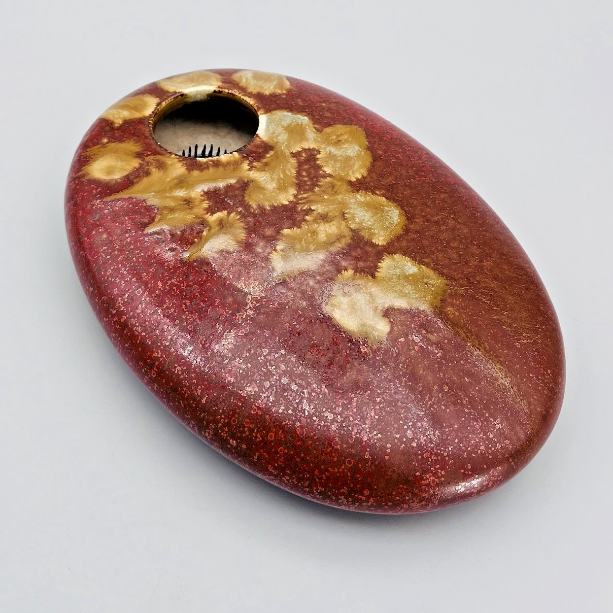 Ikebana Ceramic Red Gold Warm Tone Glazed Oval 9″ Floral Flower Frog Vase MCM