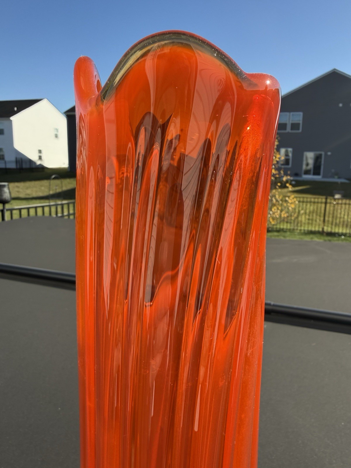 Vintage L.E. Smith Amberina Swung Glass Vase 18 3 /4″ Six Petal Ribbed MCM Glass