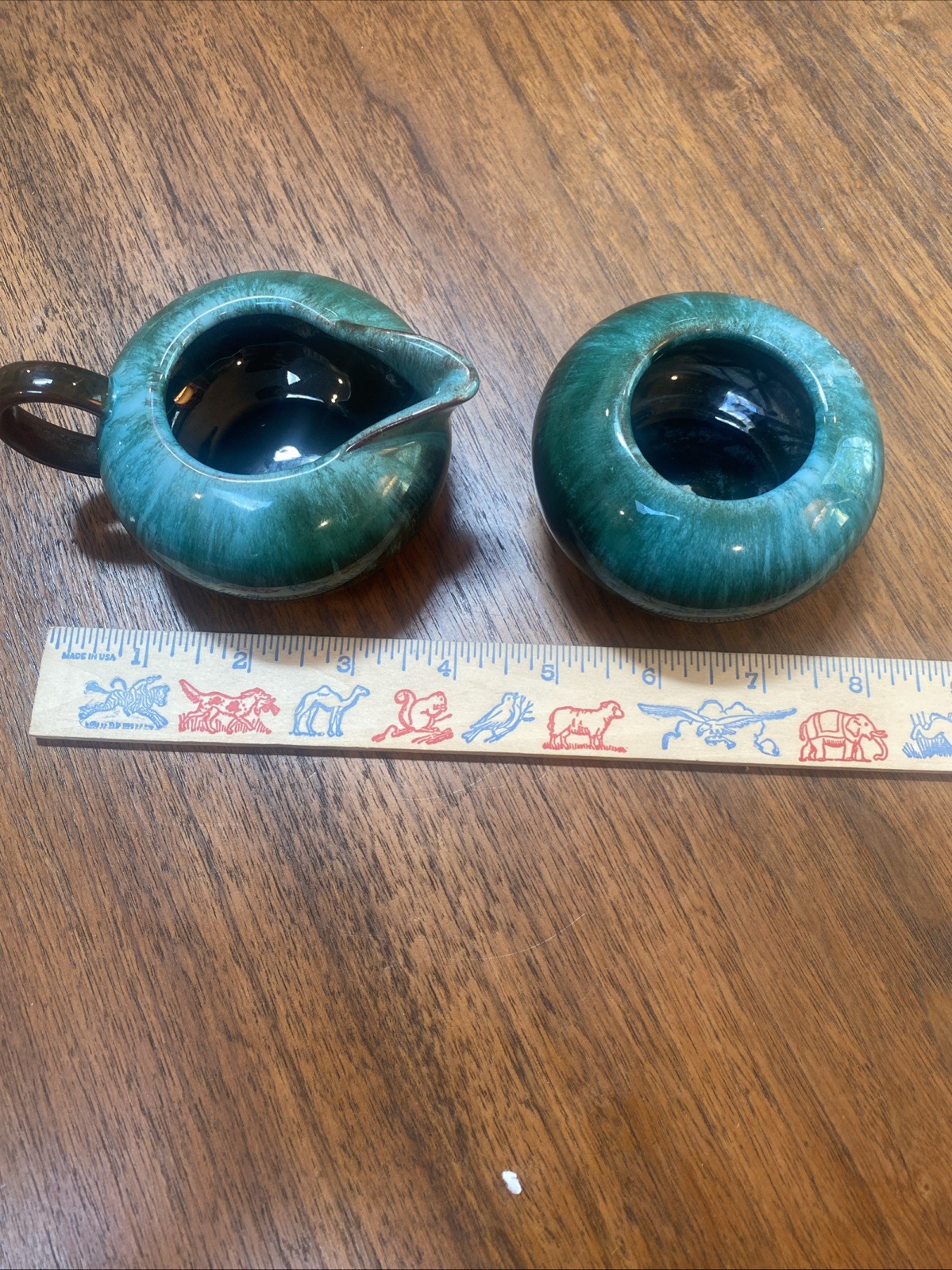 Vintage Blue Mountain Pottery Cream & Sugar Set Blue-Green Drip Marked 3-4”