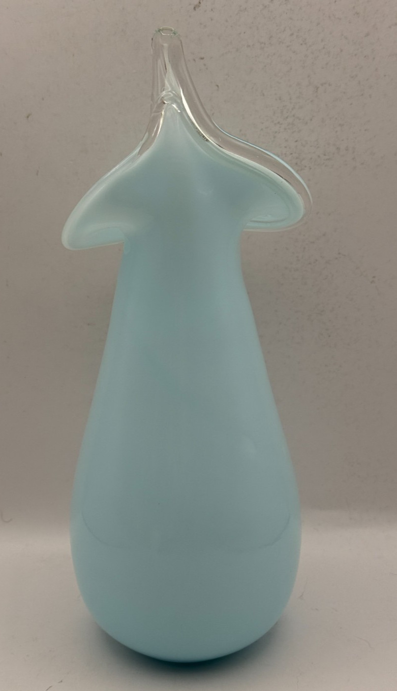 Vintage Murano Style Hand Blown Powder Blue Jack In the Pulpit Vase – 9.25″ MCM