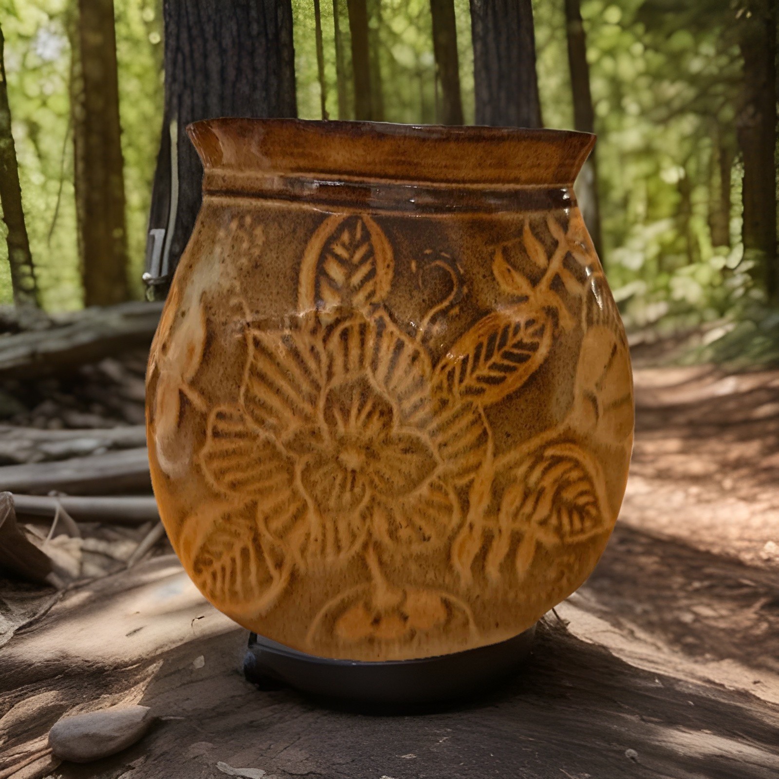 Glossy Studio Pottery Signed By Artist Brown Tones Floral And Leaf Pattern Vase