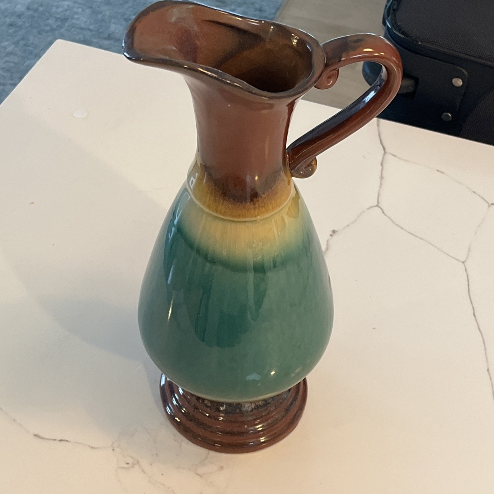 Brown & Blue Drip Glaze Pitcher Vase Mid-Century 14”