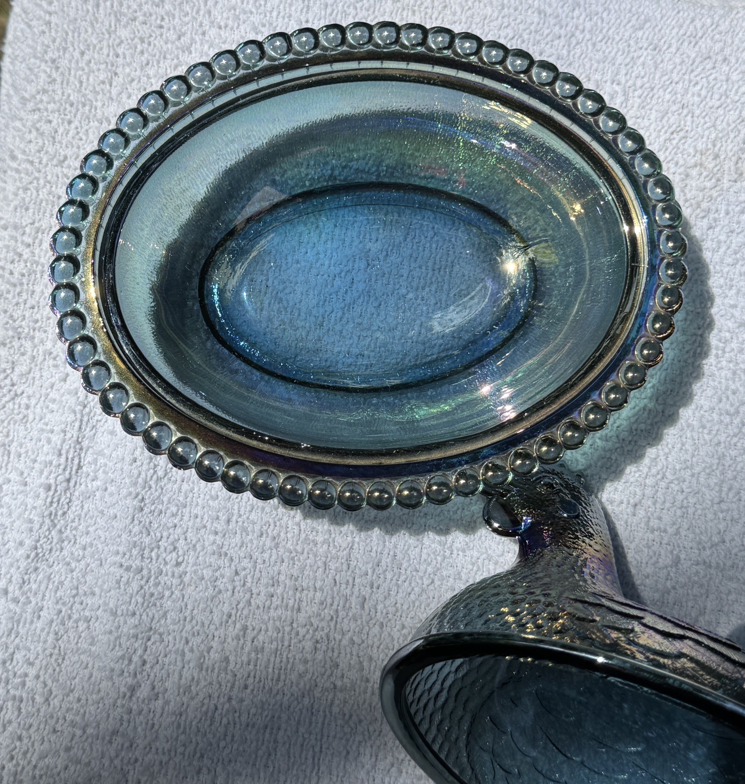 Indiana Glass Iridescent Blue Carnival Hen On a Nest Candy Dish 7″ Vintage