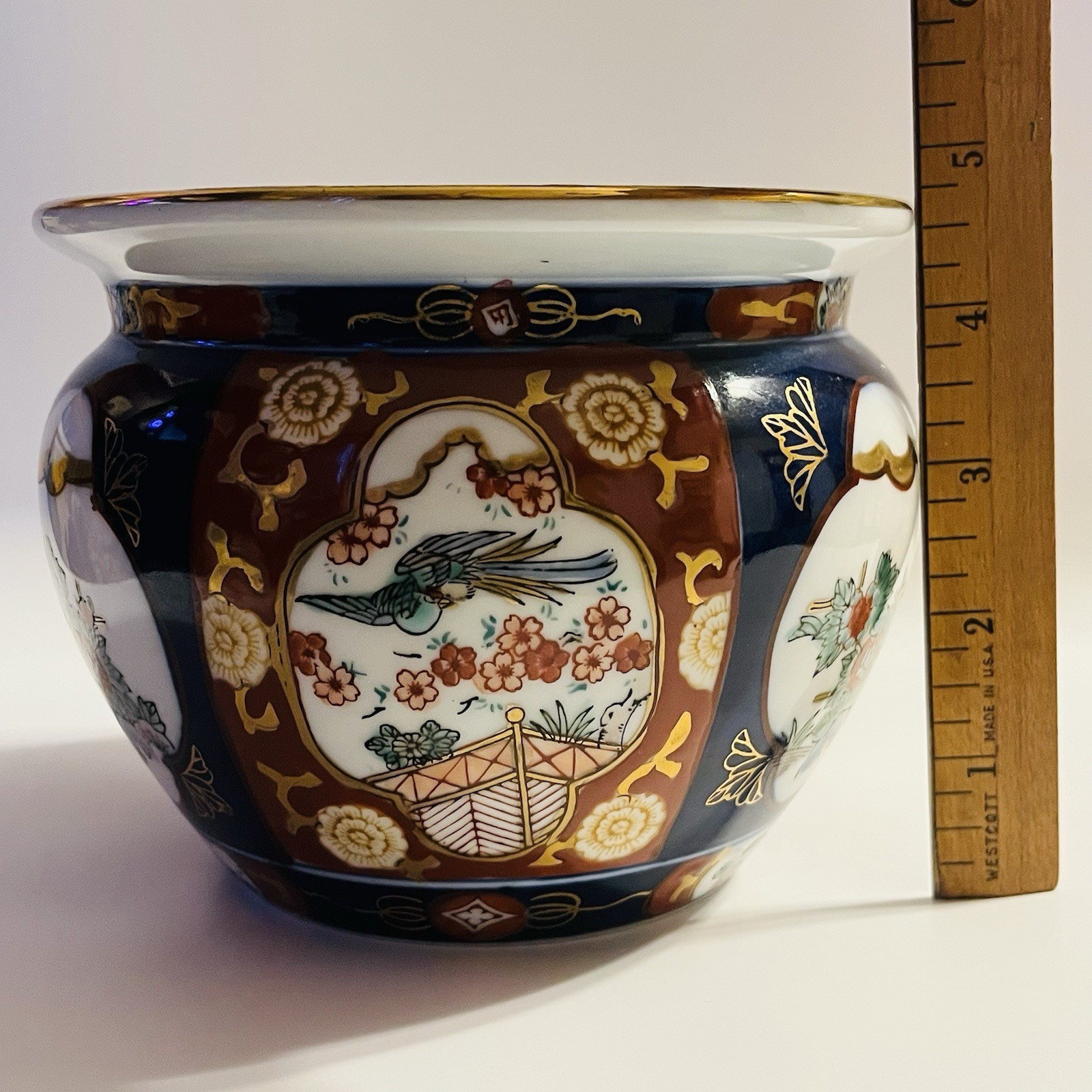 Vintage Japanese Gold Imari Hand Painted Cachepot Planter 4.75″ H Red Blue White