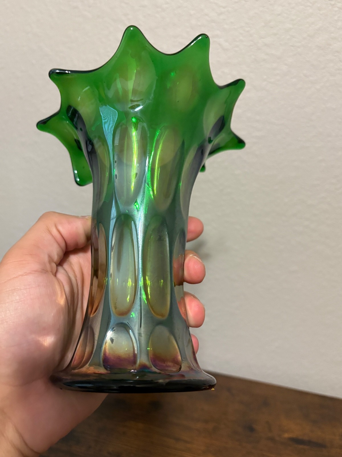 PAIR Of ANTIQUE FENTON Green Iridescent LONG THUMBPRINT Carnival Glass Vases