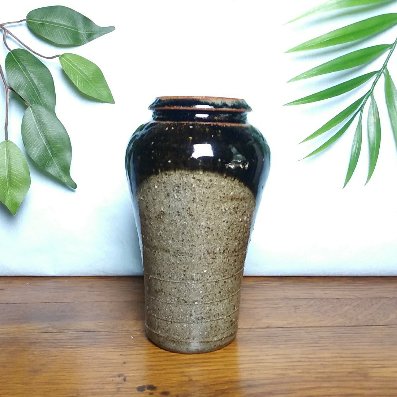 Vintage Studio Pottery Vase Two-Tone Brown Glaze Rustic Tapered 6.5″ Signed