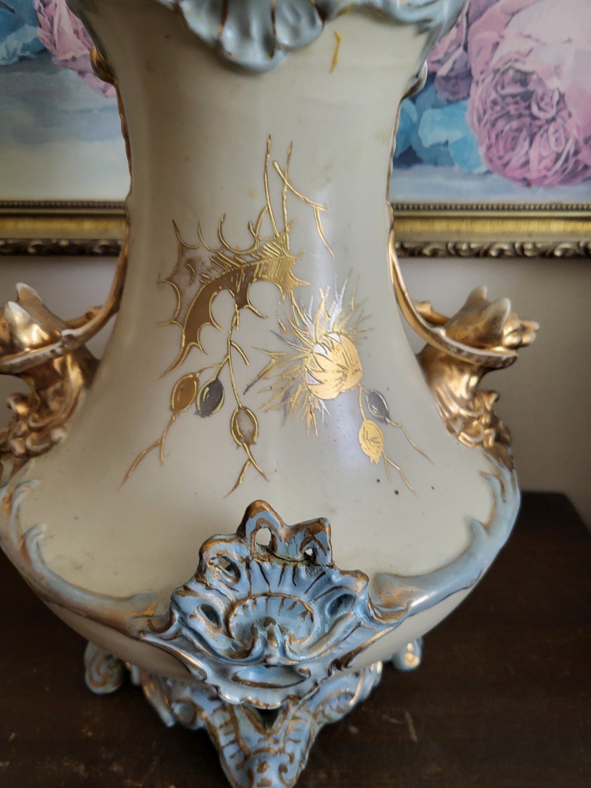 Antique RS Germany Large Hand Painted Porcelain Vase Lion Handle Gold Flowers