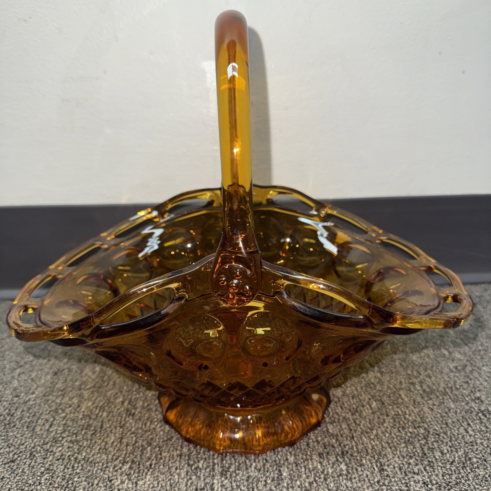 Vintage Pitman Dreitzer Colony Large Open Lave Edge Amber Glass Basket Handle