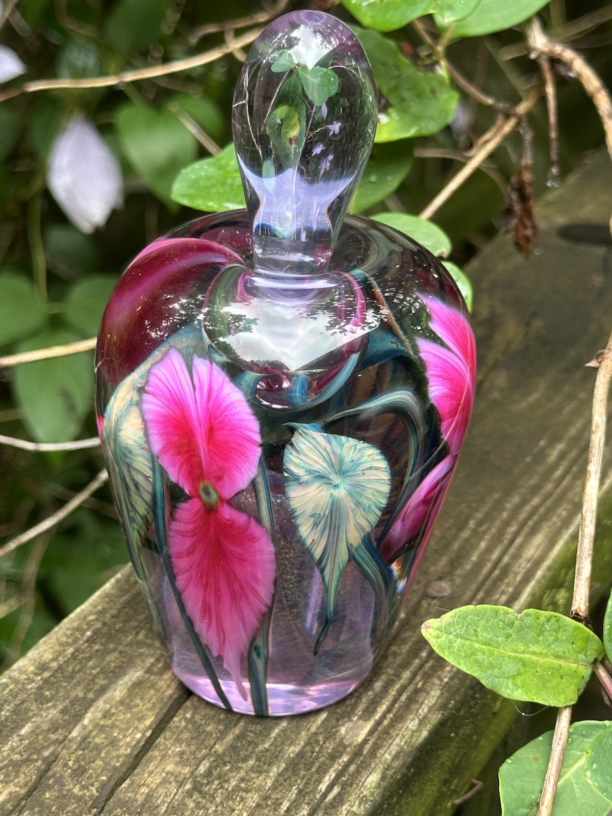 Lotton Signed Handmade Art Glass Purple Perfume Bottle Floral 2002