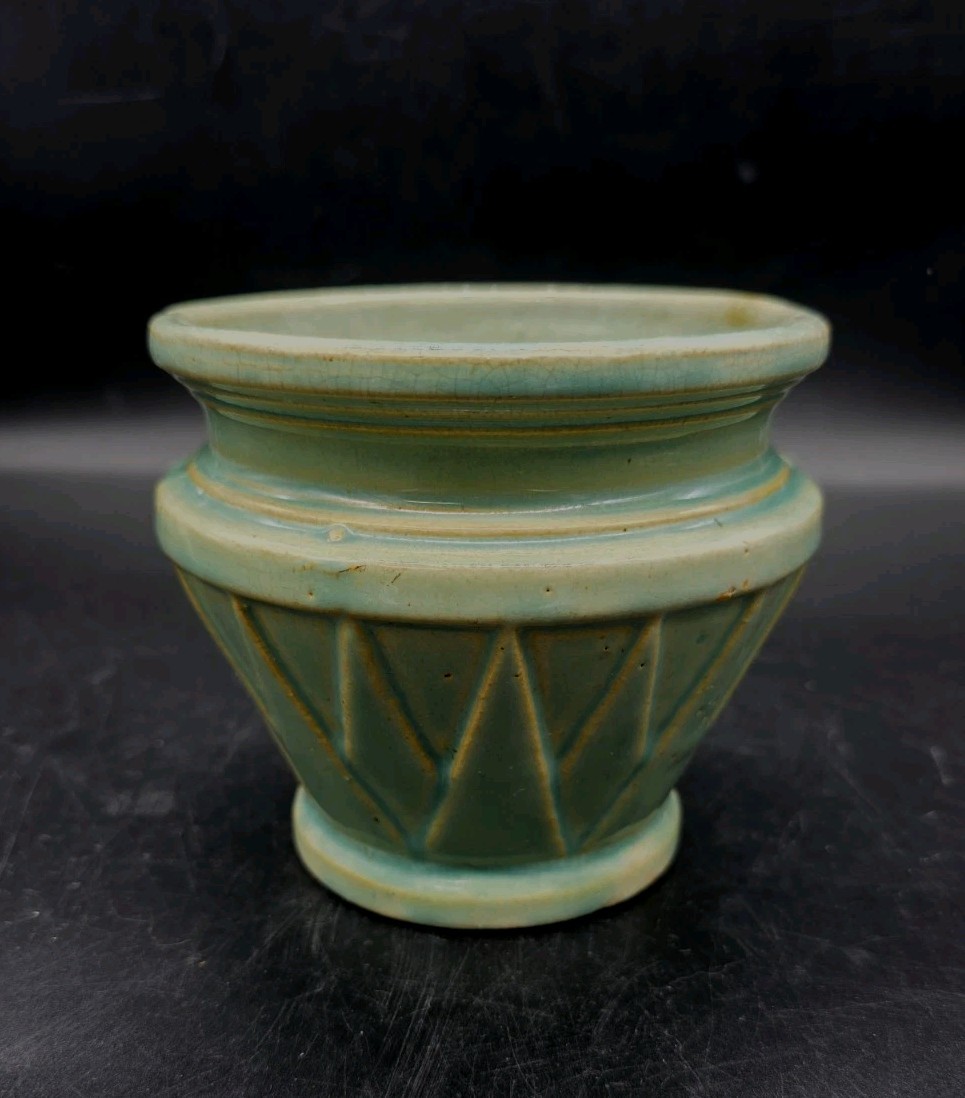 1920s McCoy Pottery Aqua Turquoise Sunburst Deco Cache Pot Jardiniere 4¼”