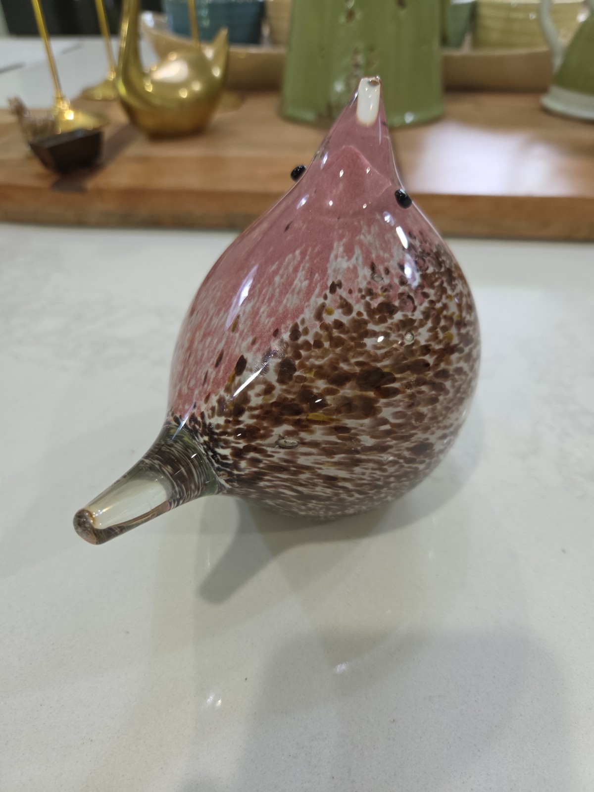 Pink And Brown Speckled Glass Hand Blown Bird Paperweight Glass Art Figurine