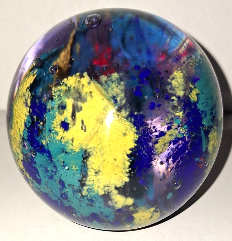 VTG MURANO HAND BLOWN ART GLASS 3″ SPHERE ORB PAPERWEIGHT BLUE RED YELLOW BUBBLE