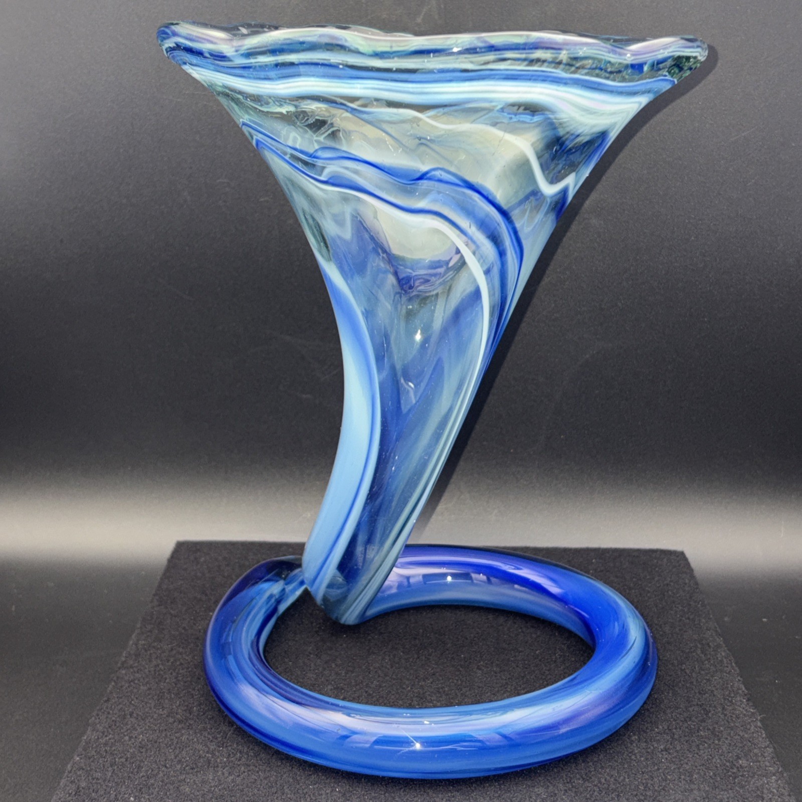 Vintage MCM Blue Swirl Art Glass Trumpet Vase 8″ Coiled Base Sooner Murano Style