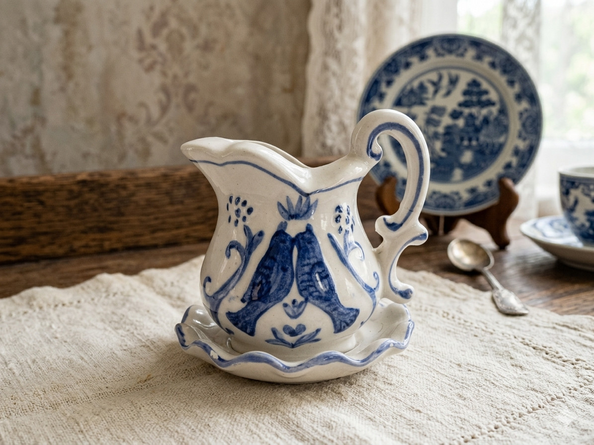 Vintage Blue White Ceramic Creamer Pitcher & Saucer Set Folk Art Bird Design