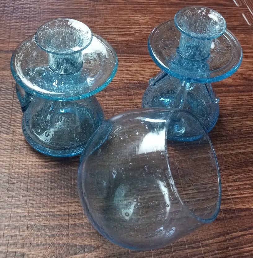 Hand Blown Blue Glass Set Of 2 Candle holders & Bowl
