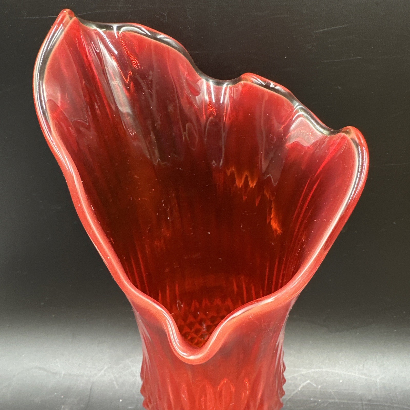 Vintage Fenton? Stretch Swung Amberina Diamond Point Footed Art Glass Vase 11”