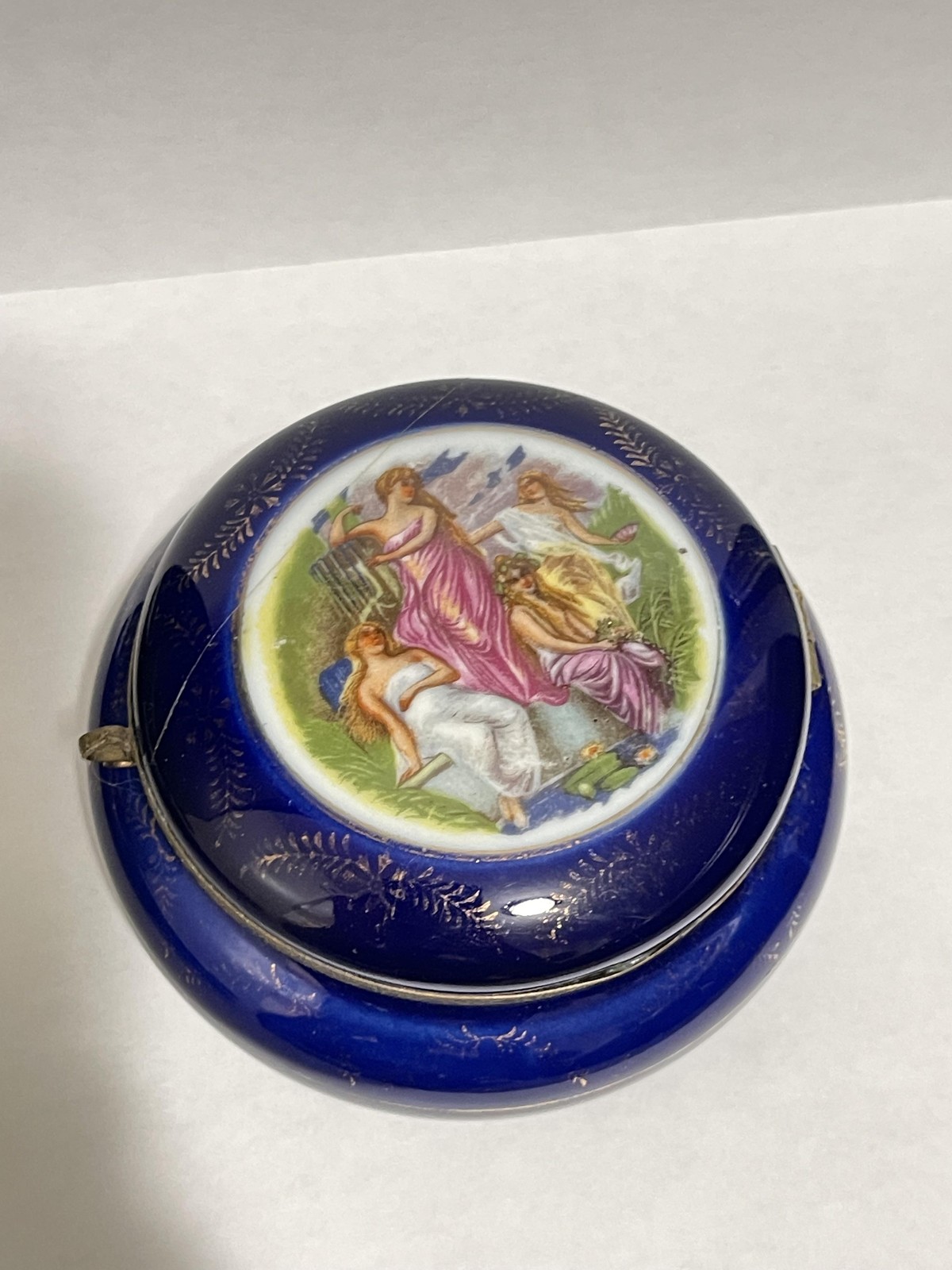Vintage Cobalt Blue Porcelain Hinged Trinket Box Floral Victorian Scene Japan