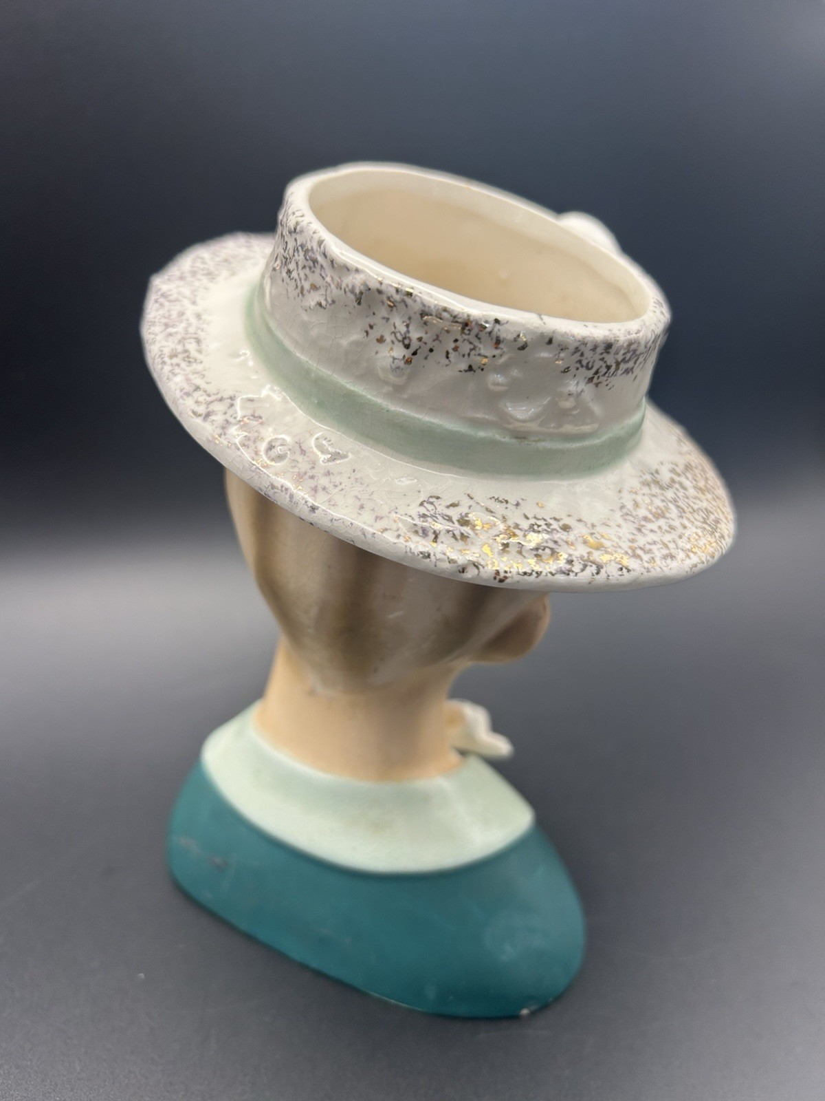 Vintage Ardco Lady Head Vase Hat w/Blue Flowers, Teal & Mint Green Top & Bow Tie