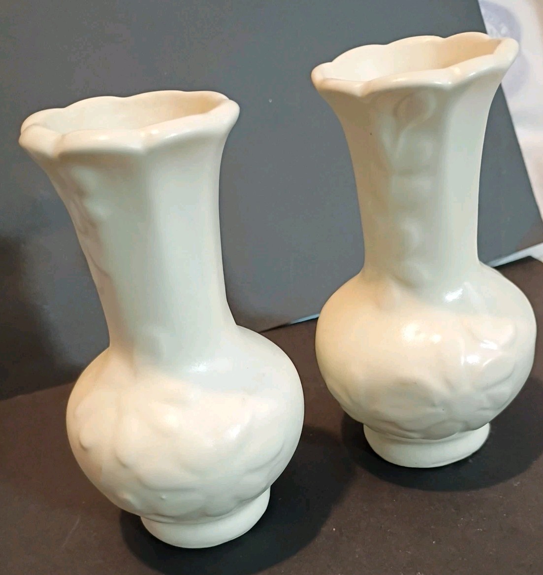 2 Vintage USA 5″ Tall Ivory Embossed Thick Bud Vases Off White