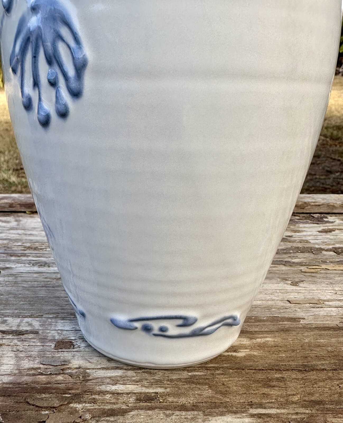Studio Art Pottery Vase Raised Blue Flowers Cream Glaze Abstract Signed 8.75 in