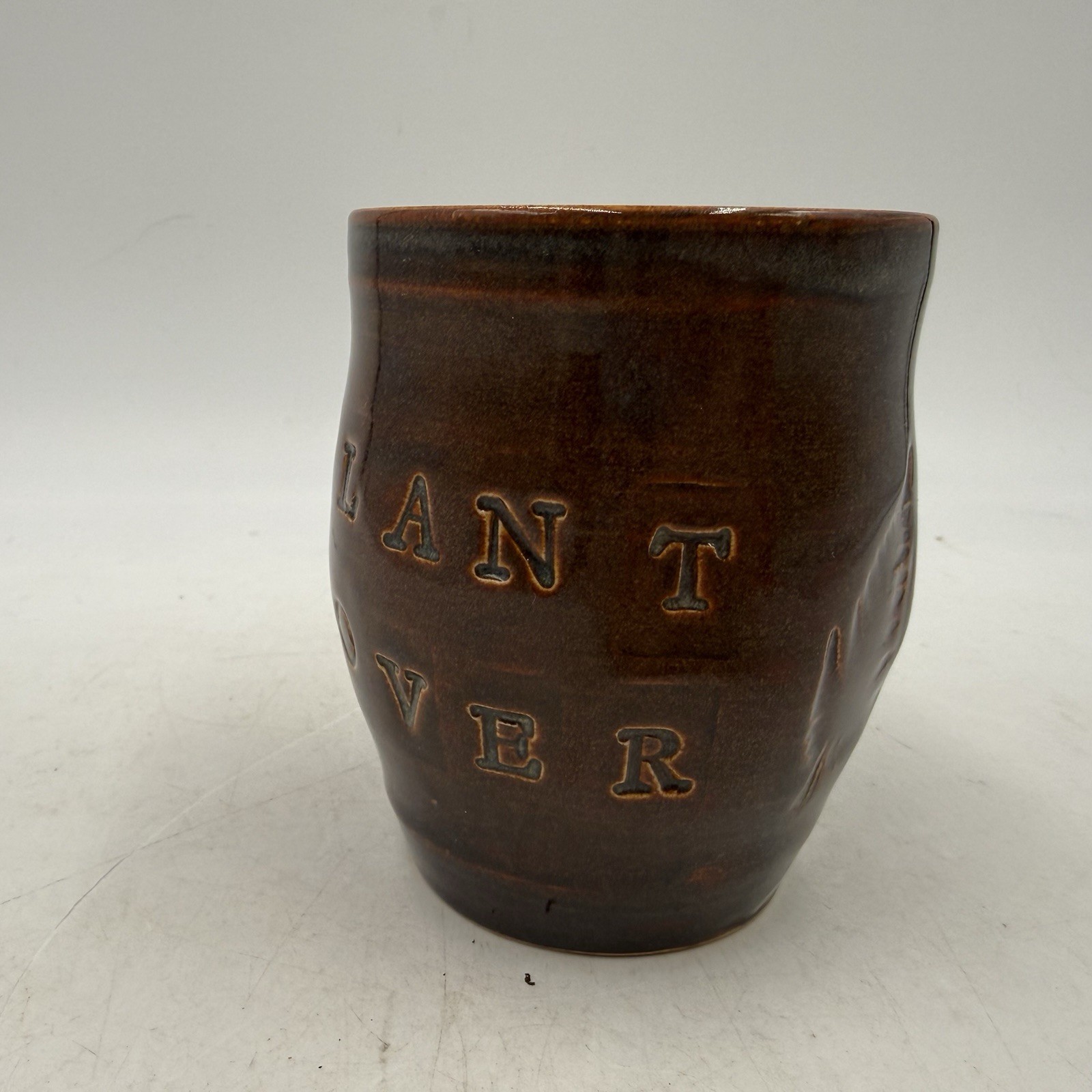 Studio Art Pottery Plant Lover Small 3” Tall Pot Planter Leaf Impressions Signed