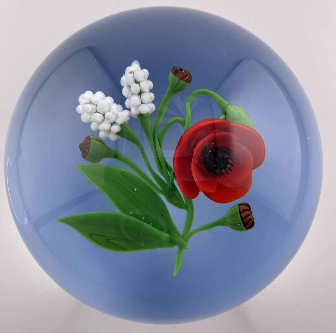 VICTOR TRABUCCO 1988 Orange Poppy On Blue Glass Paperweight Signed/Dated 3.3″