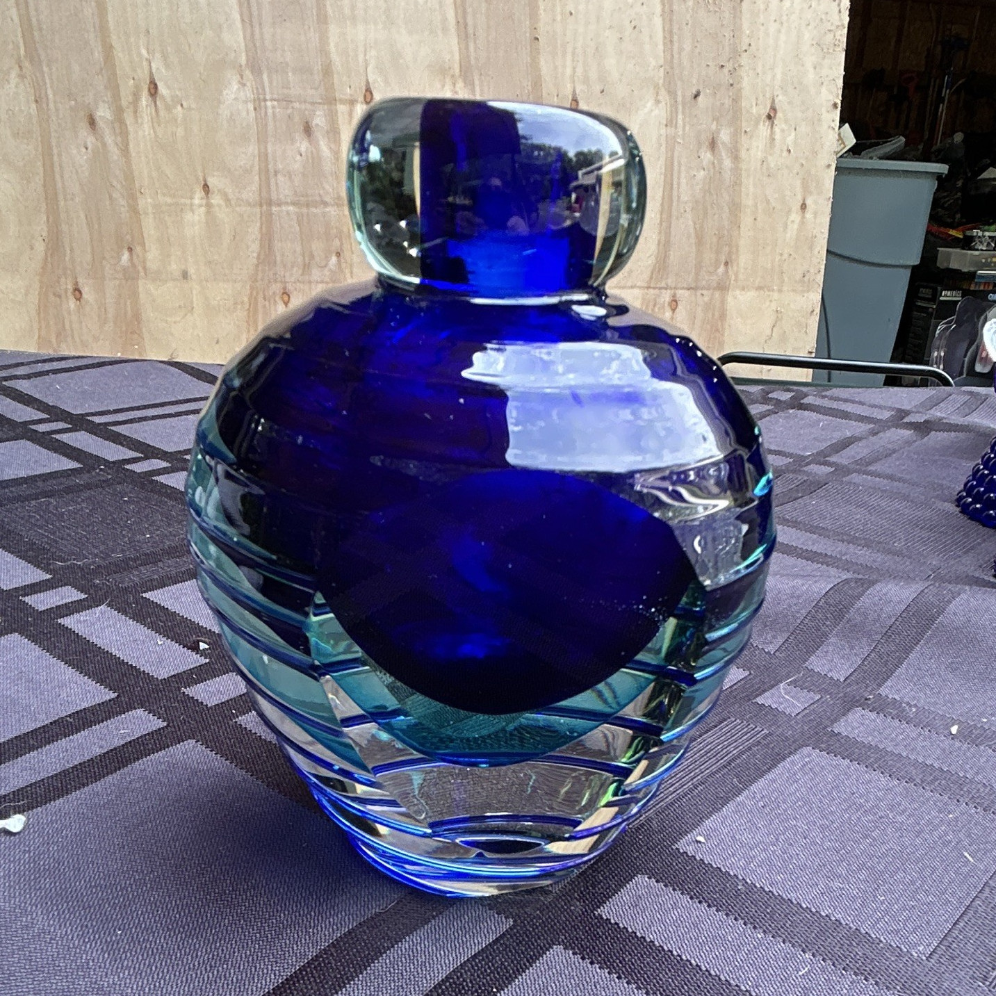 Blue & Clear Art Glass Vase, Rounded Bulbous Form Decorative Glass Design