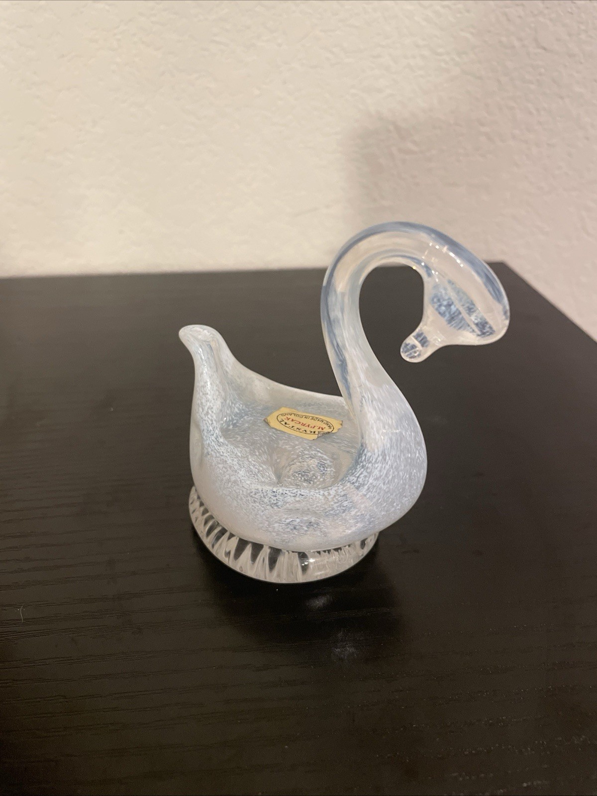 M. Pyrcak Crystal Swan, Handmade in Poland, White Speckled Art Glass Swan, 3.5”