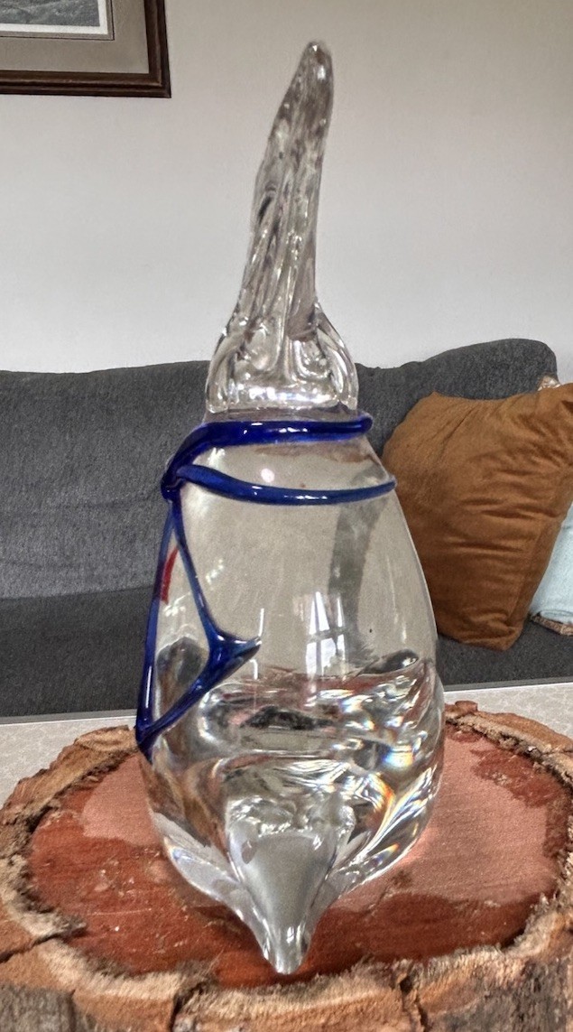 Paperweight Fish In A Wrapped Gift Bag Clear Art Blown Glass 4.75”