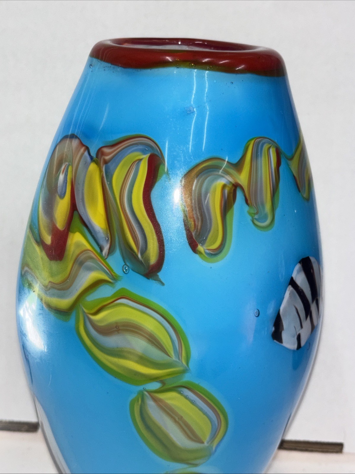 Lovely Murano Style Hand Blown Art Glass Oval Vase Blue Green Abstract 10 3/4”