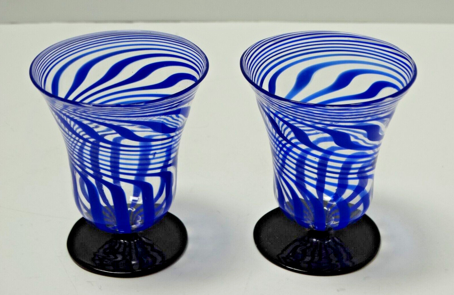 (2) Vintage Bimini Werkstatte Swirl Cocktail Liqueur Glass BLUE & BLACK ~3-3/8″H