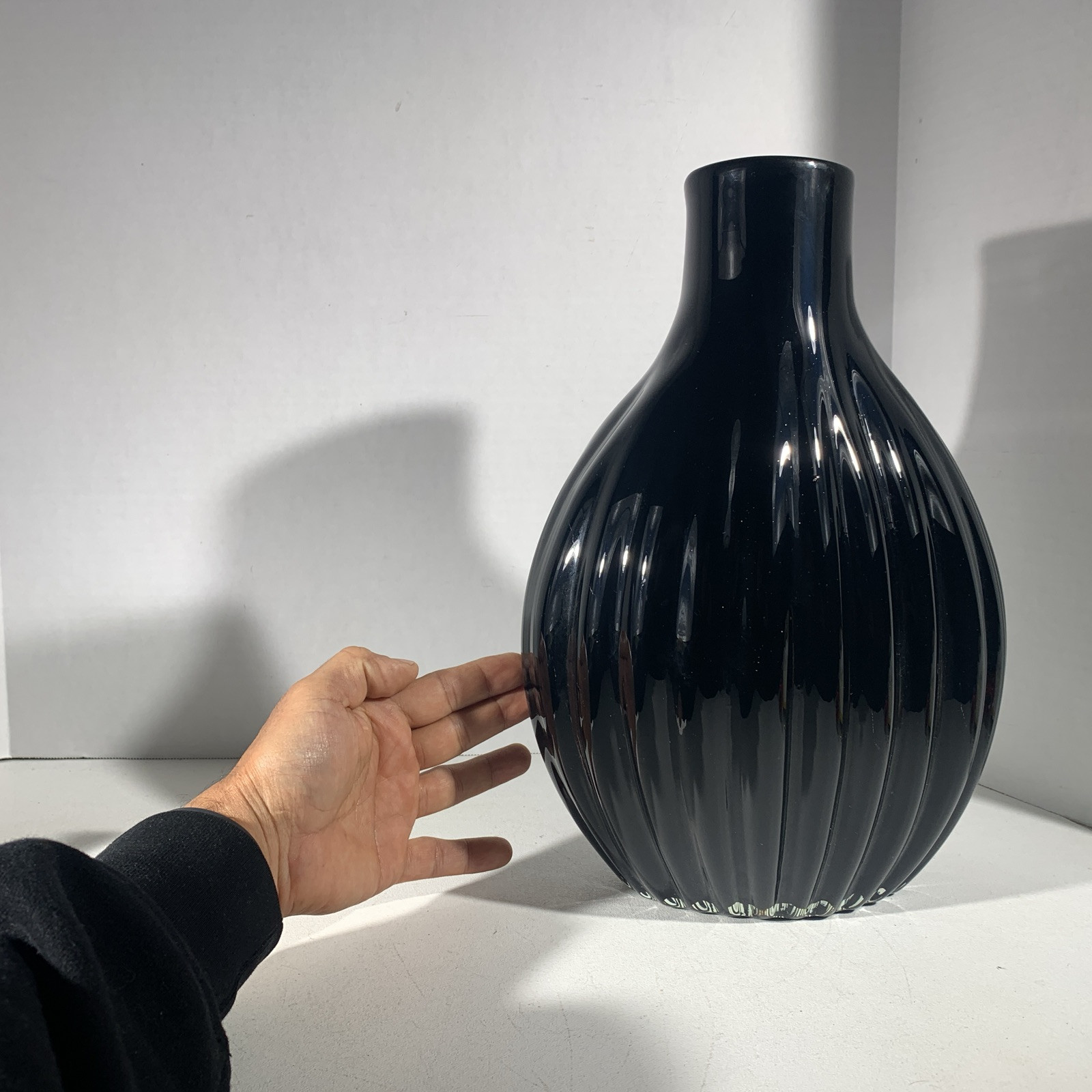 Black Red Modern Art Deco Style Ribbed Glass Art Vase
