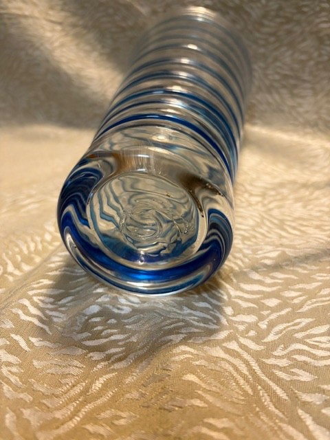 Blenko Art Glass Vase Hand Made Clear Glass With Sapphire Blue Spiral 11″ Tall