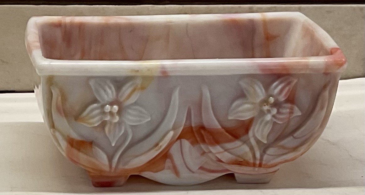 Vintage 1930’s Akro Agate Daffodil Orange White Slag Glass Planter #657