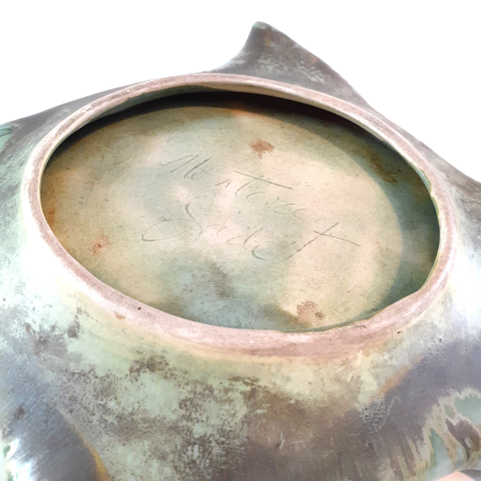 Vintage Monterey Jade Handmade Fish Trinket Dish Ashtray Green Gold Blue Pottery