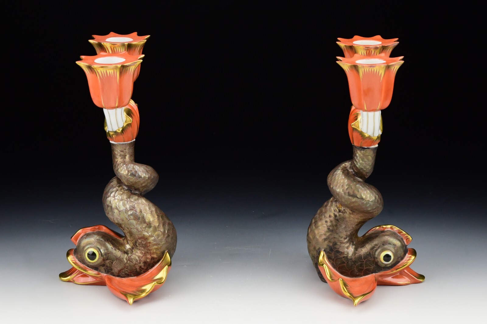 Pair Herend Porcelain Candlesticks Rust Koi Fish Dolphin 2-Lite 7933
