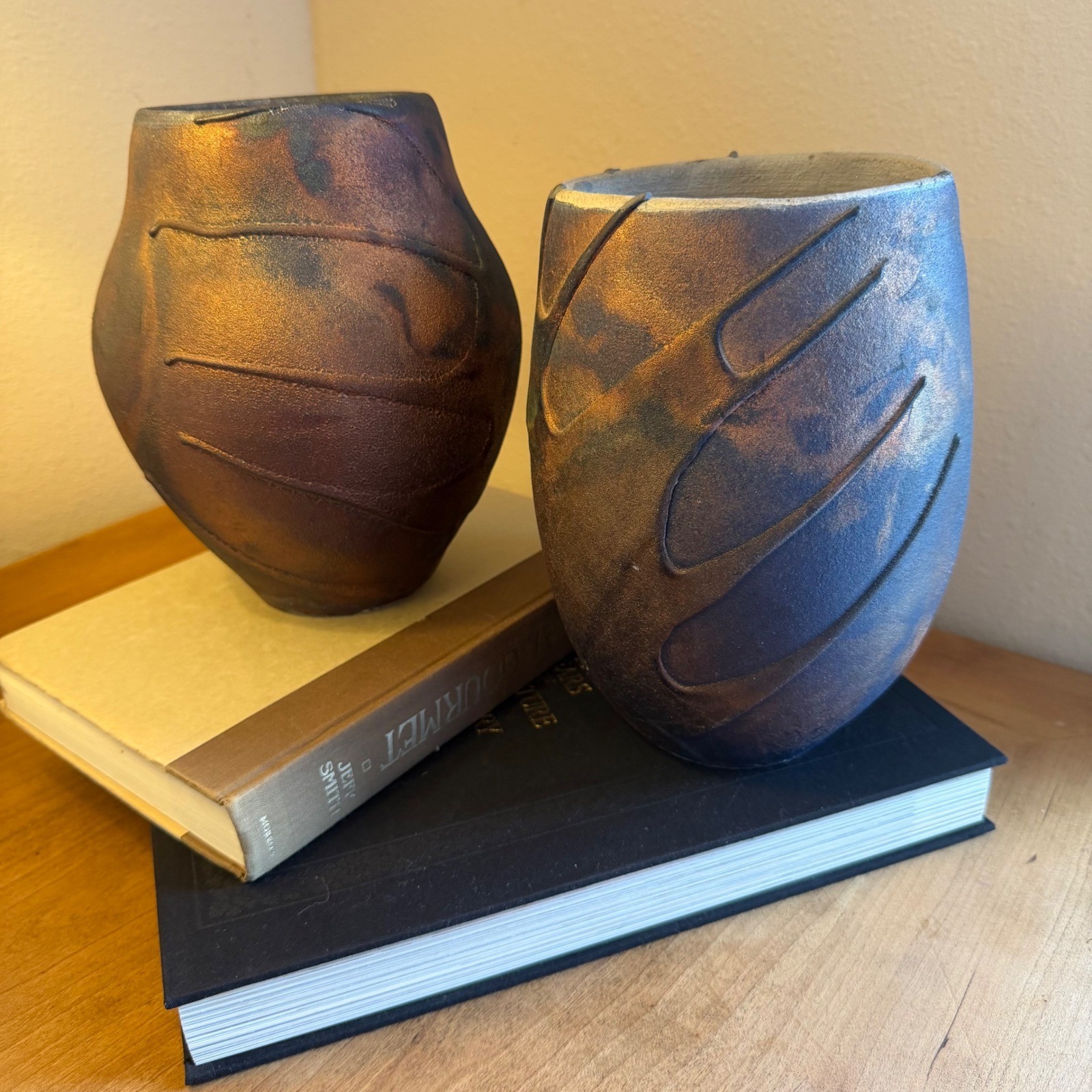 Signed Studio Pottery Vase Set Raku Style Iridescent Blue Purple Art Pottery