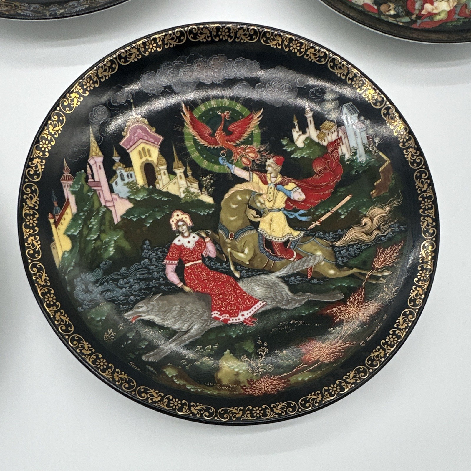 Palekh Numbered Set of 5 Russian Fairy Tale Collector Plates Black/Gold Trim
