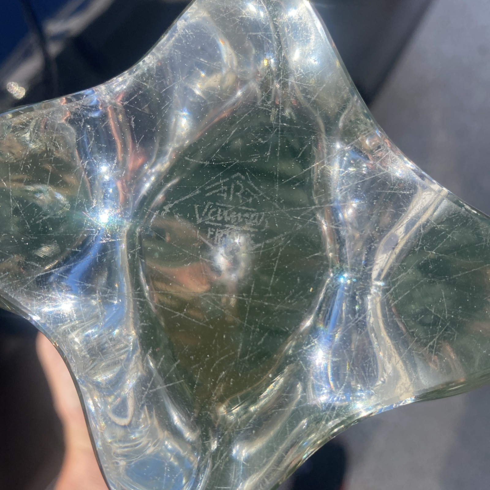 Mid Century Art Vannes France Crystal Vase Signed on bottom, Heavy Thick 9 “Tall