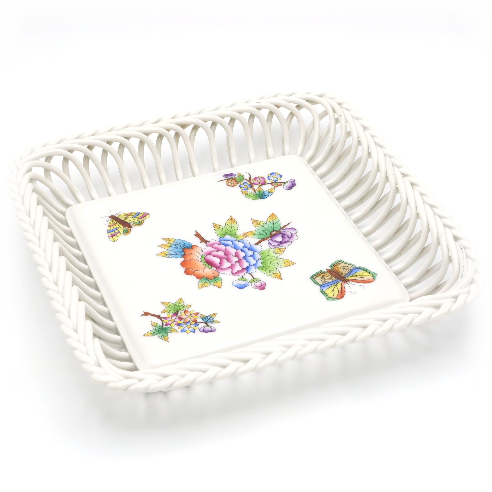 Herend Queen Victoria Open Weave Basket – Vintage Porcelain Centerpiece – Hand P