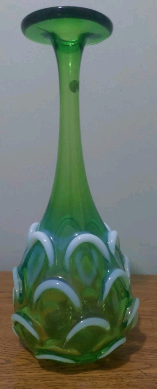 Fenton International Optics Green Opalescent Bottle, 12 1/2” MINT