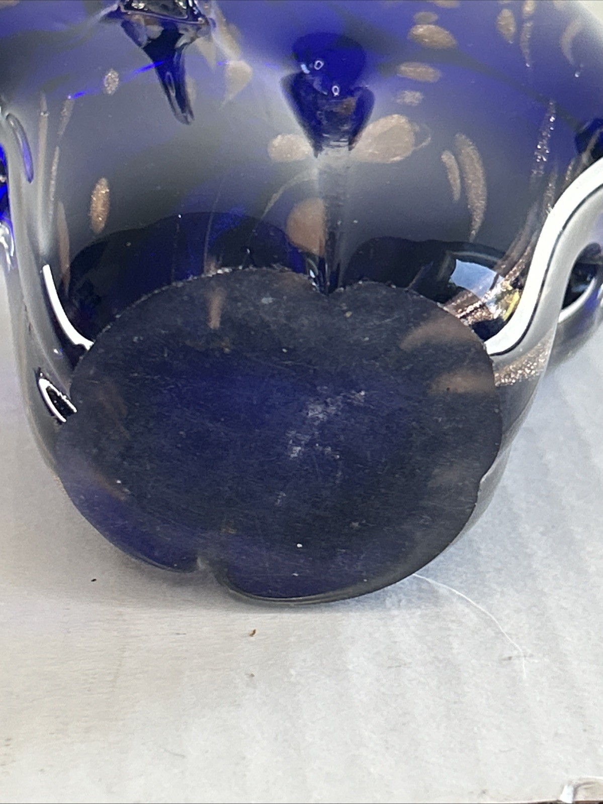 Vintage Murano Style Art Glass Elephant Figurine Cobalt Blue Gold W Ear Chip