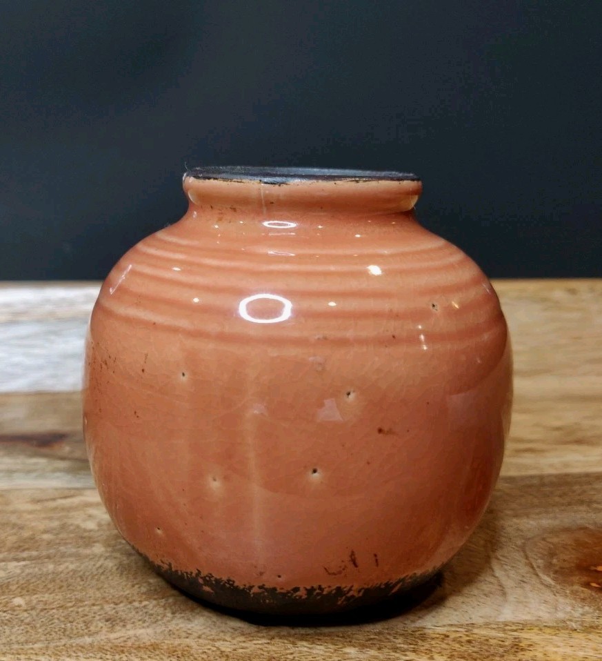 Glaze Top Salmon Color Brutalist Pottery Jar Vase 3.25″ Tall X 3.25″ Wide Approx