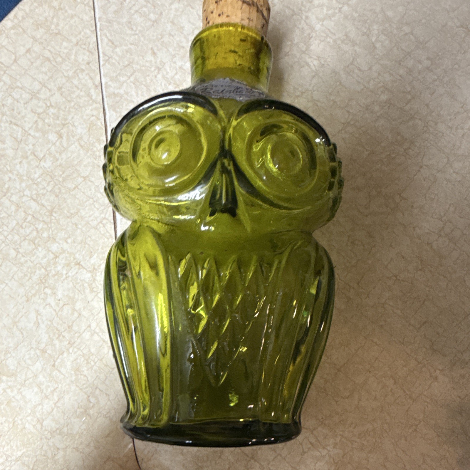 VTG Viking Green Owl Bottle Decanter Handblown MCM Figural Art Glass