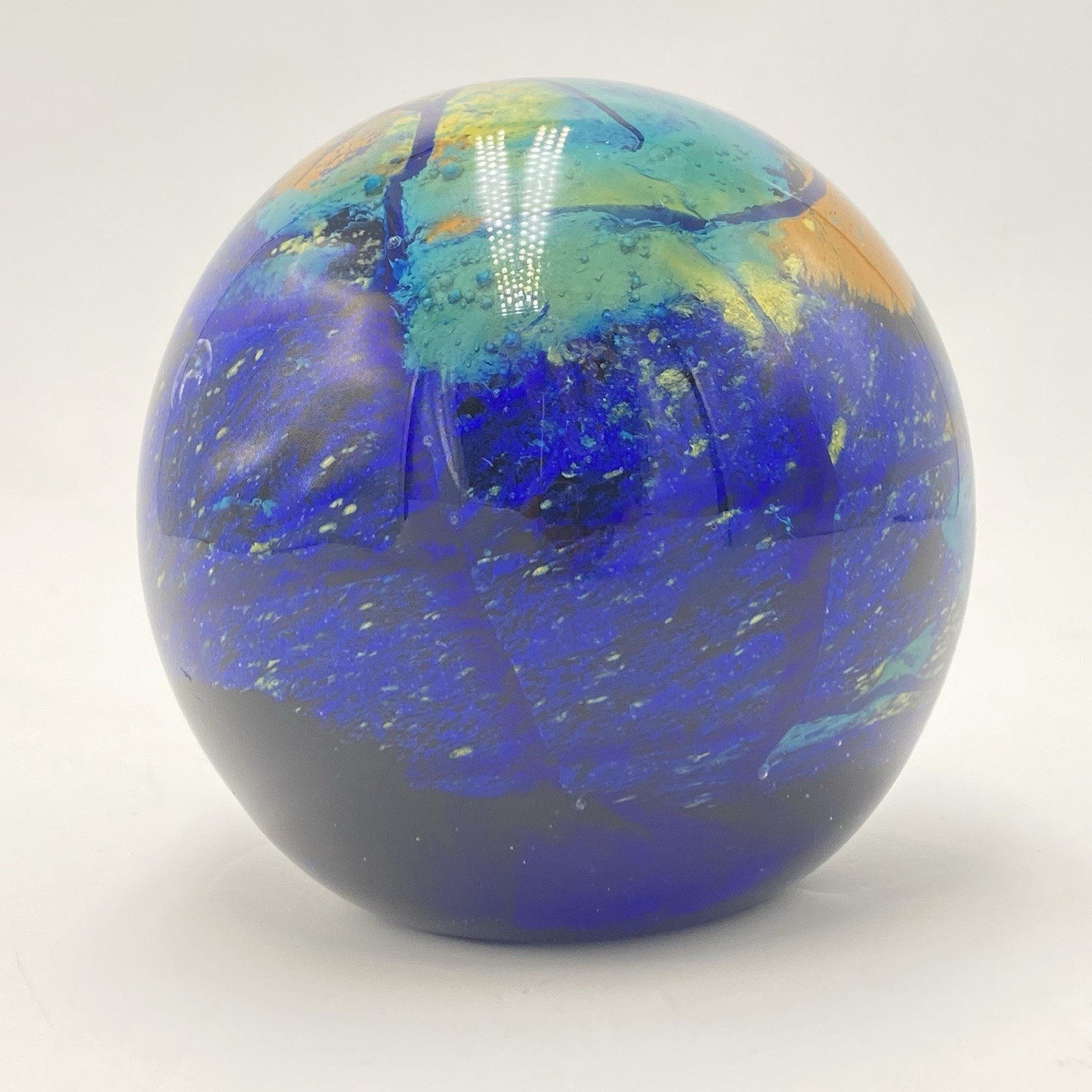 3.5″ Art Glass PAPERWEIGHT Round 27 oz. Orb Sphere Blue Green Orange Yellow