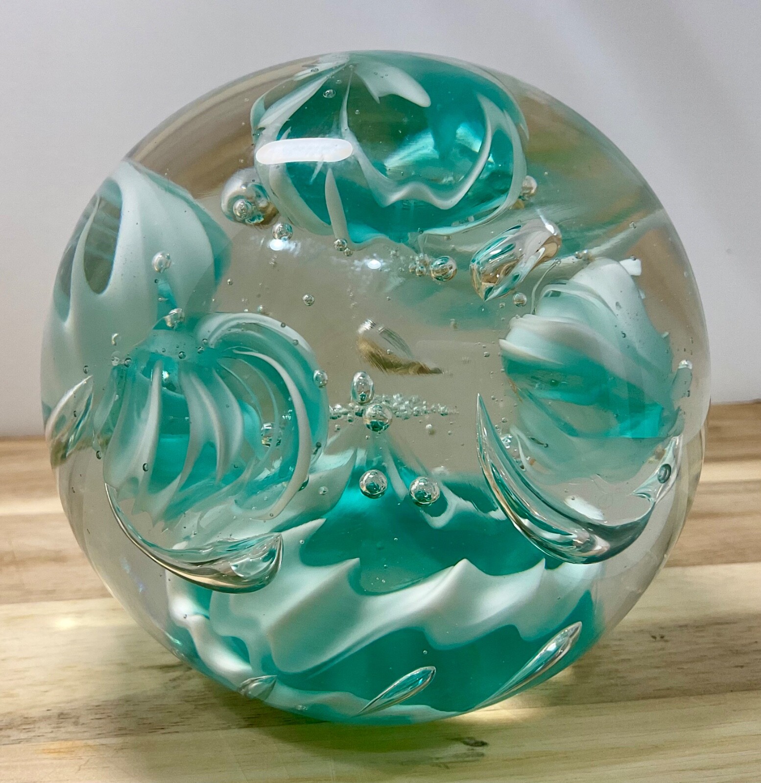 Large Art Glass Paperweight -Aqua/Clear/White 3.5” Heavy Desk Tabletop Decor