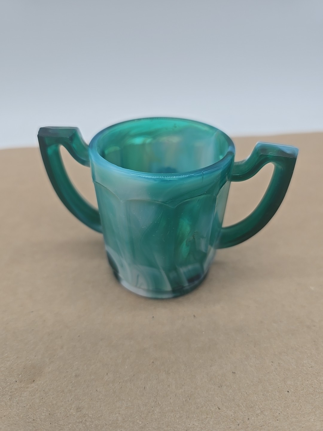 Vintage Imperial Glass Colonial Green Slag Colonial 2-Handled Toothpick Holder