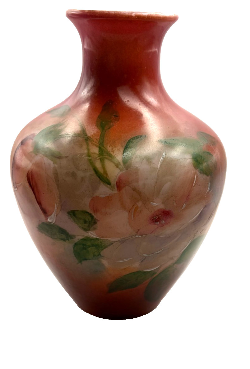 Vintage Milk Glass Vase Fostoria Red Hand Painted Floral Rose C 1890-1920 7″