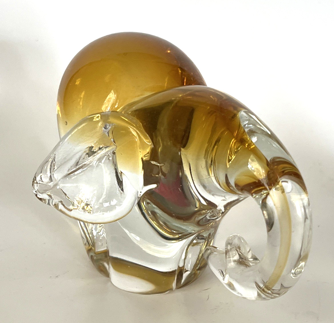 Hand Blown Art Glass Elephant Clear w/Amber Paperweight Heavy Polished Base 3.3#